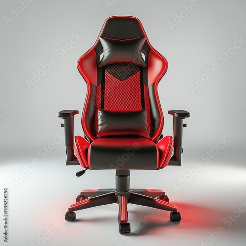 Red gaming chair, front view, white background, high-resolution, professional photograph, highly detailed and realistic