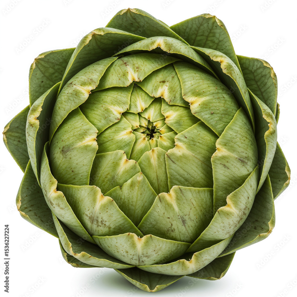 Obraz premium Fresh artichoke sits pretty showing layered green petals with beautiful texture against a plain white backdrop