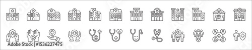 Healthcare icon set. Doctor consulting apps icon. Icon set contains hospital, doctor, consultation, clinic, stethoscope, nurse, health insurance, family, emergency, online service.