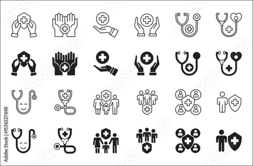 Digital Healthcare icon set. Doctor and health insurance icon. Icon set contains hospital, doctor, consultation, clinic, stethoscope, nurse, family, emergency, online service. Vector illustration.