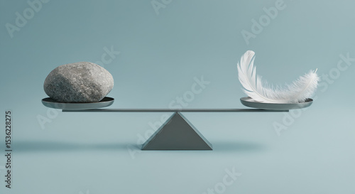 Rock and Feather Balanced on Scale Against Blue Minimalist Background