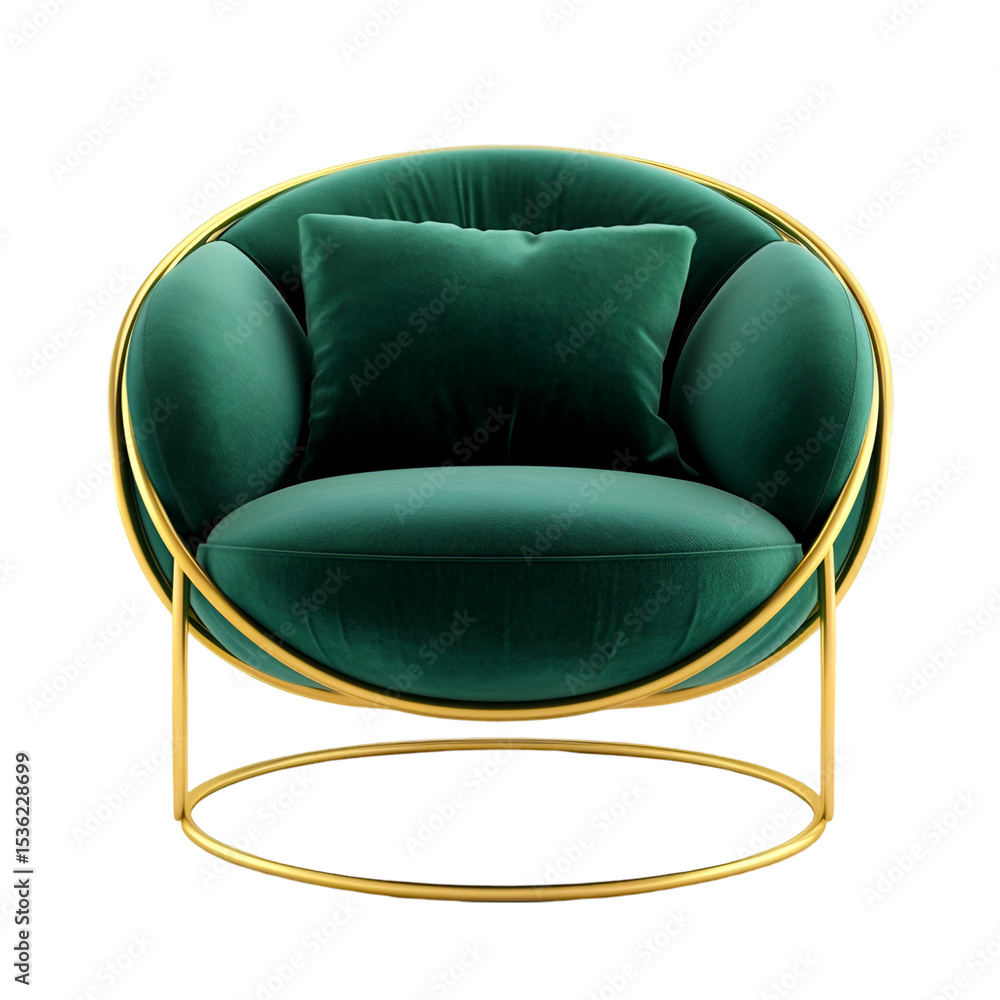 Fototapeta premium Emerald Green Velvet Round Chair with Gold Metal Frame - Modern Luxury Furniture