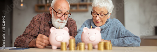 Elderly couple looking at piggy banks and coins on a table indoors at home