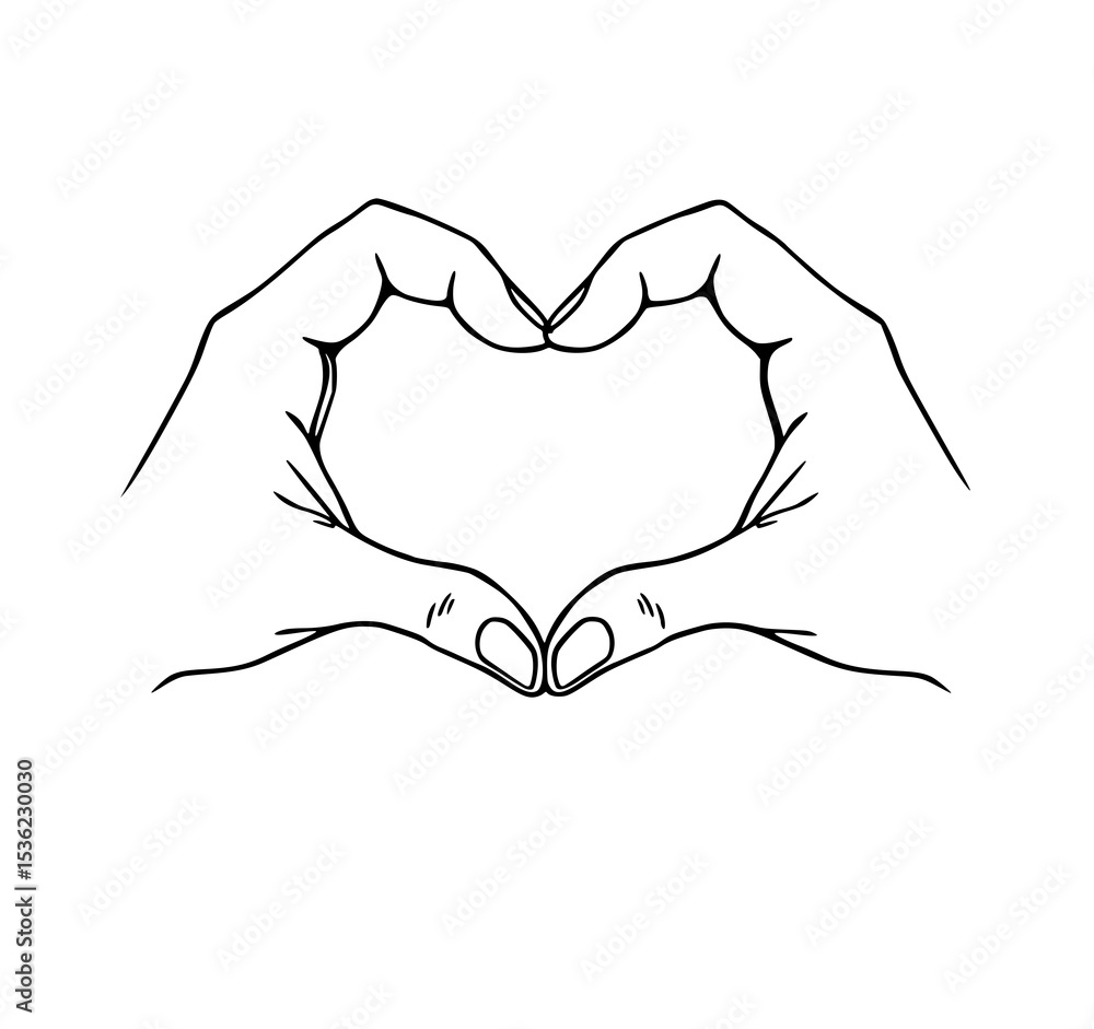 Fototapeta premium Hands Forming a Heart: A simple line art illustration of two hands creating a heart shape, symbolizing love, affection, and unity.