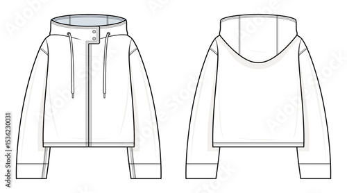 High-Collar Hoodie Technical Fashion Illustration. Cropped Hooded Jacket Vector Template. Long Sleeves with Cuffs. Front Zip Closure. Drawstring Hood. Outerwear. Front and Back View. CAD Mockup.