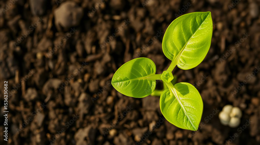 Naklejka premium Photograph from above of a young leaves sprout in dry and fertile soil