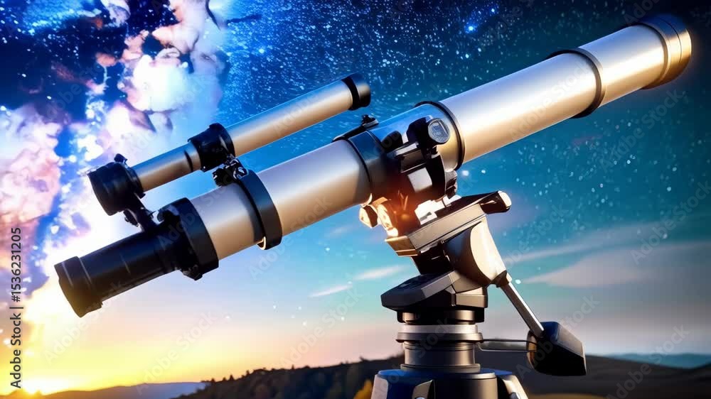 Optical telescope on tripod against a starry cosmic sky looking at the horizon and sunset, exploring astronomy and night viewing. Optical telescope on tripod against a starry cosmic sky looking at the horizon and sunset, exploring astronomy and night viewing.