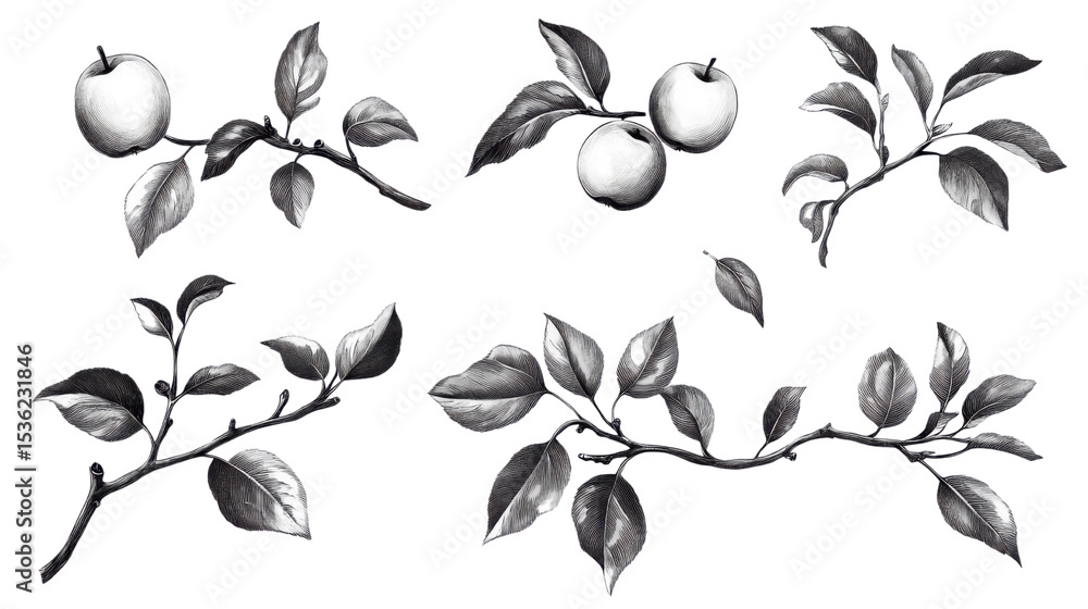 Set of hand drawn apple twigs with leaves and fruit sketches in vintage botanical style isolated on white background Set of hand drawn apple twigs with leaves and fruit sketches in vintage botanical style isolated on white background