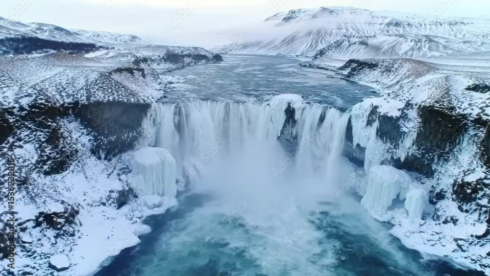 Icy waterfall surrounded by snowy mountains in dramatic winter landscape
Icy waterfall surrounded by snowy mountains in dramatic winter landscape