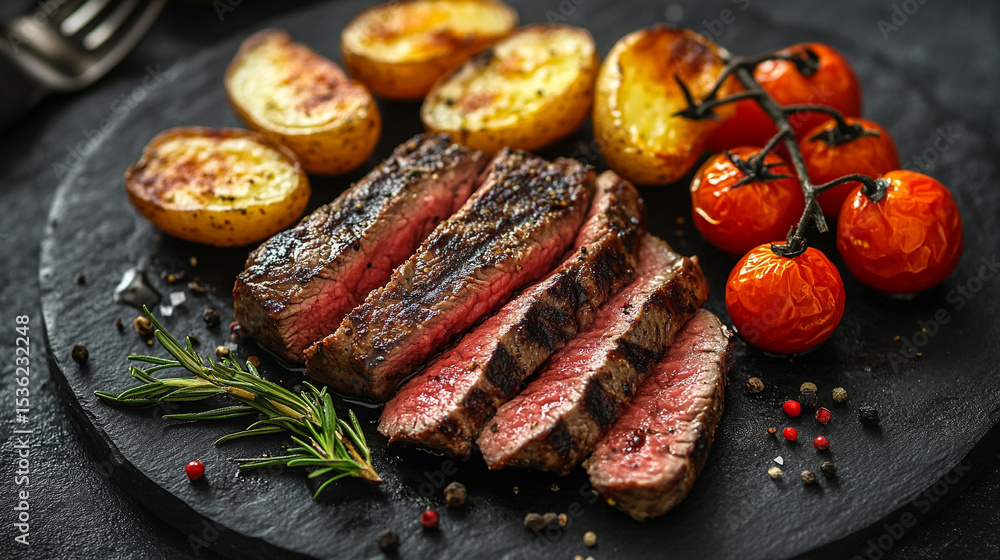 Sliced grilled steak with roasted potatoes and cherry tomatoes garnished with rosemary, representing a paleo diet meal. A healthy, flavorful, balanced dinner served in a stylish restaurant setting.
Sliced grilled steak with roasted potatoes and cherry tomatoes garnished with rosemary, representing a paleo diet meal. A healthy, flavorful, balanced dinner served in a stylish restaurant setting.