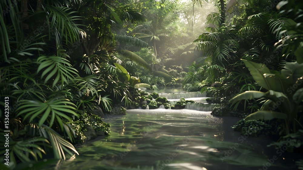 Naklejka premium A wild jungle river flowing through rich wilderness scene