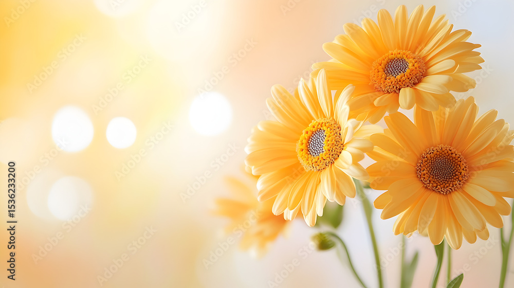 Obraz premium Beautiful yellow gerbera daisies blooming with soft bokeh effect and sunlit background