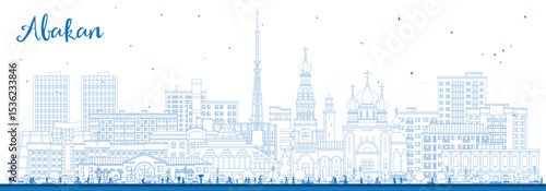 Outline Abakan Russia city skyline with blue buildings. Abakan cityscape with landmarks. Business travel and tourism concept with modern and historic architecture.