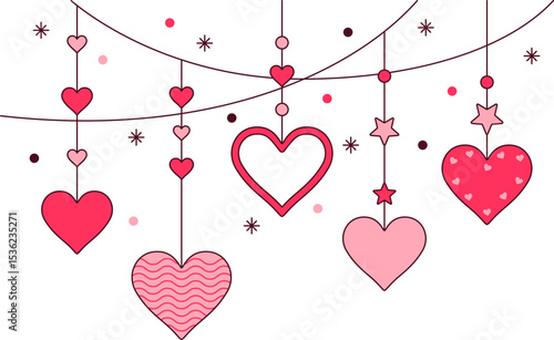 Hanging hearts decoration corner. Valentine day, romantic with creative love composition of the hearts. Vector isolated.