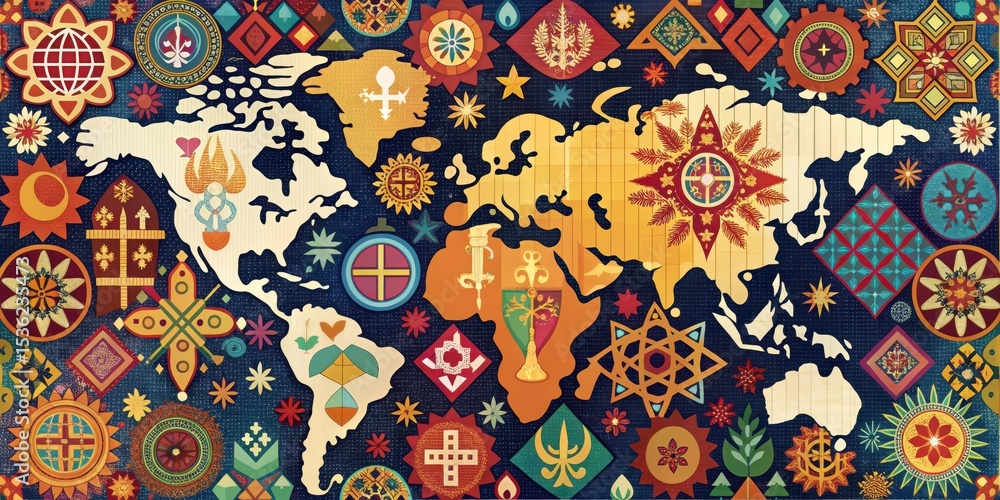 Naklejka premium A World Map Adorned with a Tapestry of Symbolic Designs and Ornamental Patterns