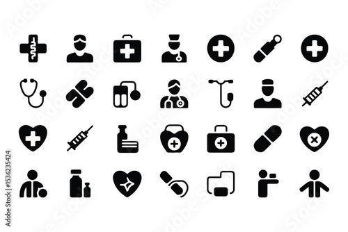 Healthcare glyph icon set. Vector pictograms of medicine, hospital, doctor, nurse, stethoscope, syringe, insurance, emergency, vaccine, pill, general health, black sign silhouette illustration.