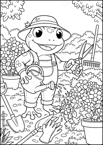 Anthropomorphic Animals, coloring page, This green-thumbed frog loves to grow beautiful flowers and plants.