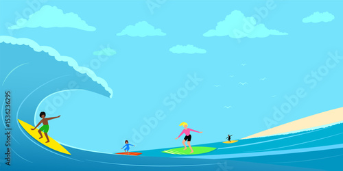 Happy joyful people surfing in the sea water, cruising along huge ocean wave. Cheerful surfer on surfboard in sea waves. Summer adventure outdoor activity vector illustration