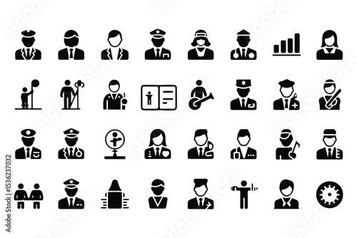 Profession occupation icon set. Vector glyph pictograms of doctor, engineer, teacher, musician, police officer, career, workforce, business black silhouette illustration.