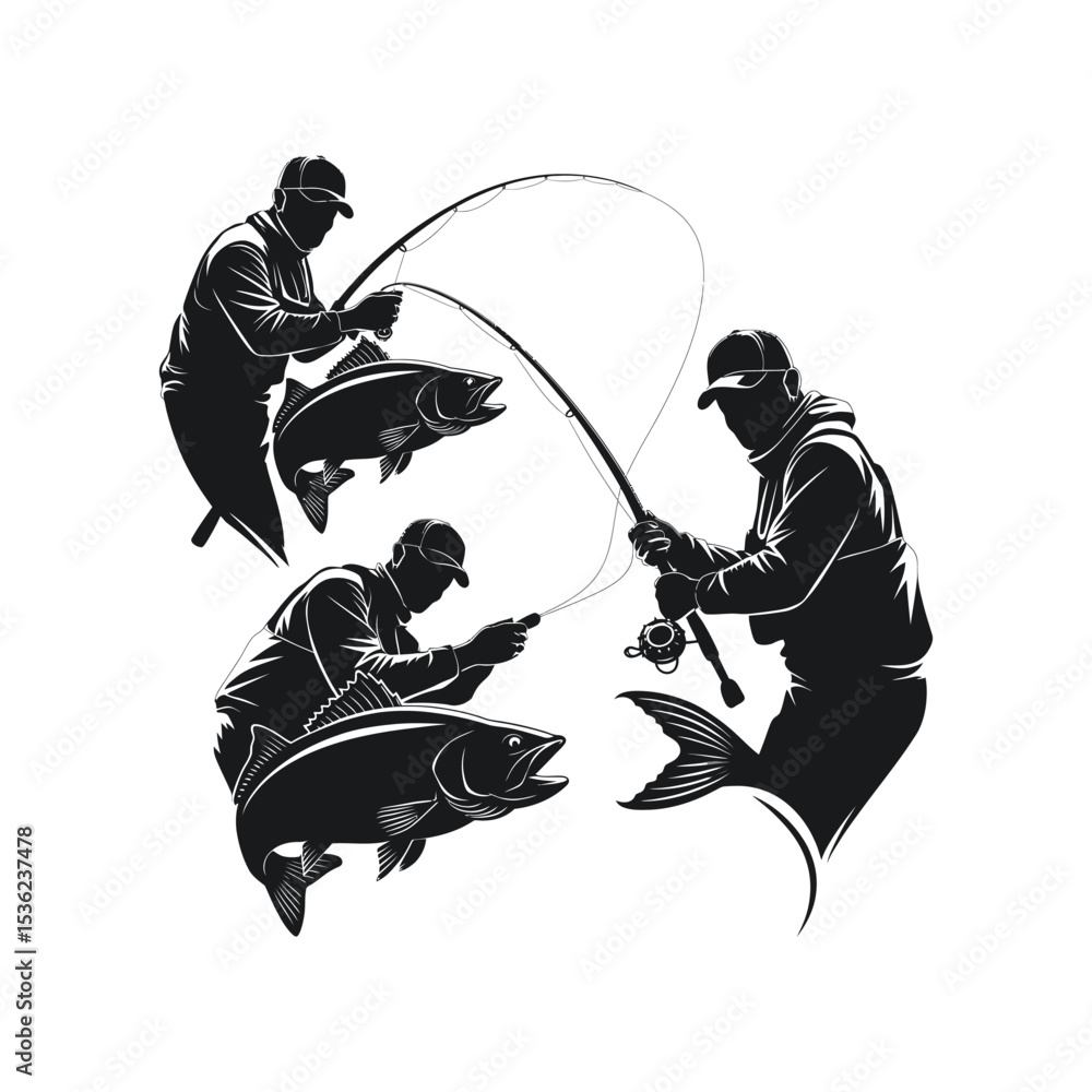 Obraz premium Fishing Man Silhouette Vector Collection for Outdoor and Sports Use