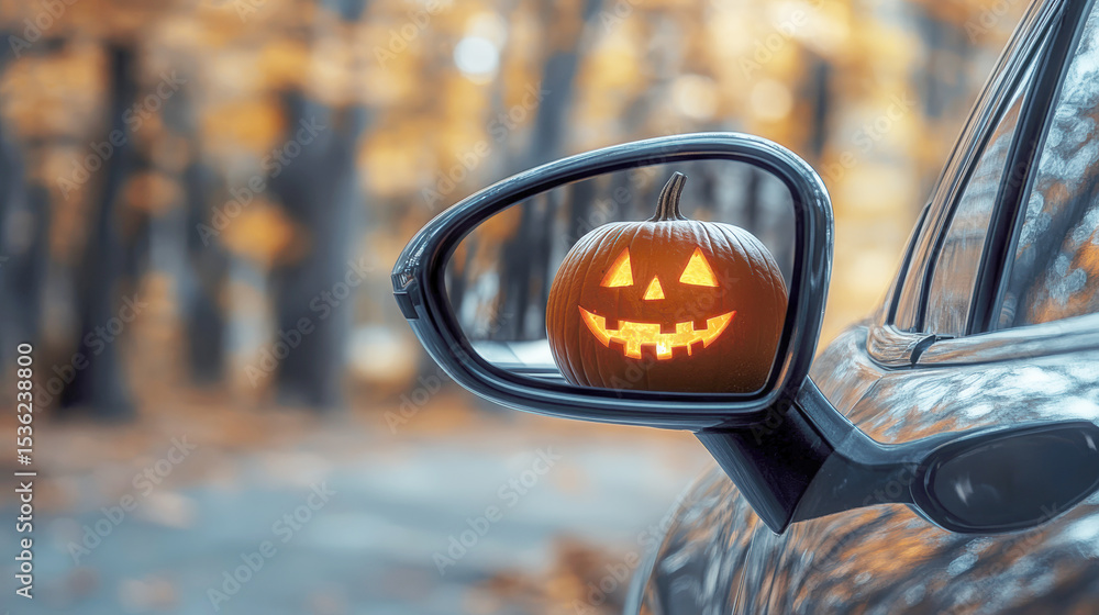 Glowing jackolantern reflects in a car side mirror amid blurry autumn foliage Glowing jackolantern reflects in a car side mirror amid blurry autumn foliage