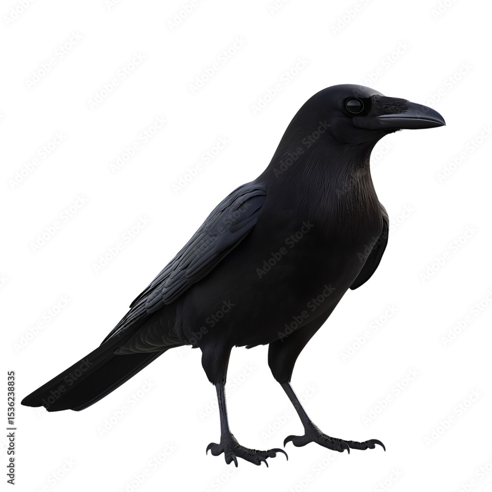 Fototapeta premium A black crow, full-body side view, isolated on a transparent background, in a PNG file.