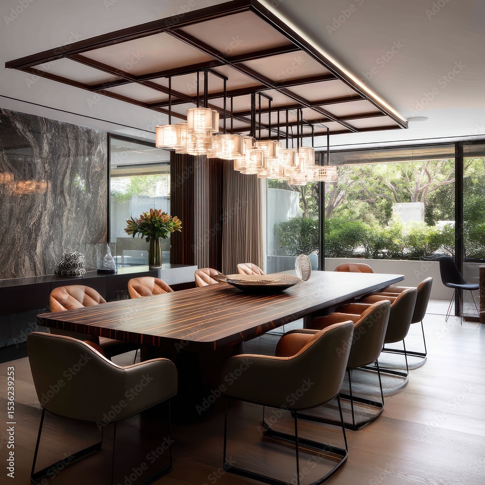 Fototapeta premium Modern dining room with a large table, contemporary chairs, and ambient lighting throughout.