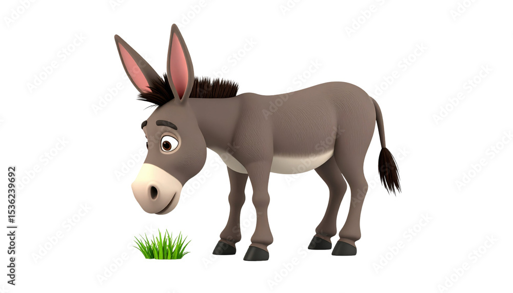 Charming 3D Cartoon Donkey Grazing Peacefully on Green Grass Isolated on White Background Charming 3D Cartoon Donkey Grazing Peacefully on Green Grass Isolated on White Background