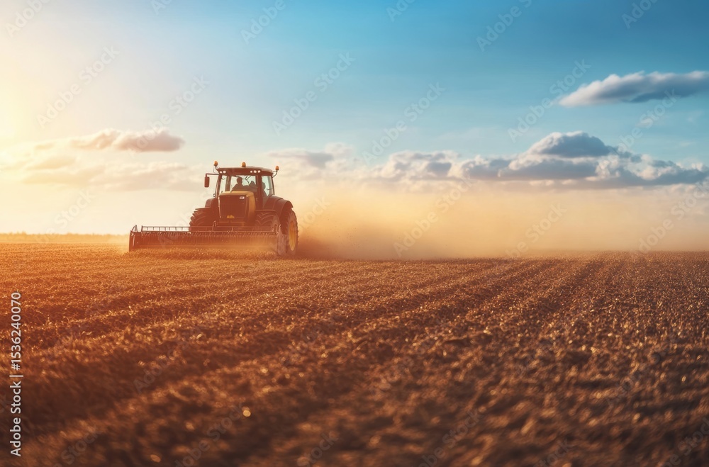 Fototapeta premium Tractor plowing a wide golden field