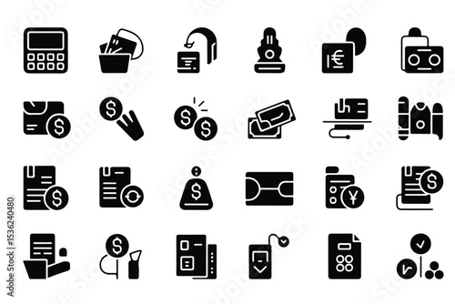 Financial transactions glyph icon set. Vector pictograms of terminal, secure, split, currency exchange, confirmation, scheduled, deposit, invoice, billing, black sign silhouette illustration.