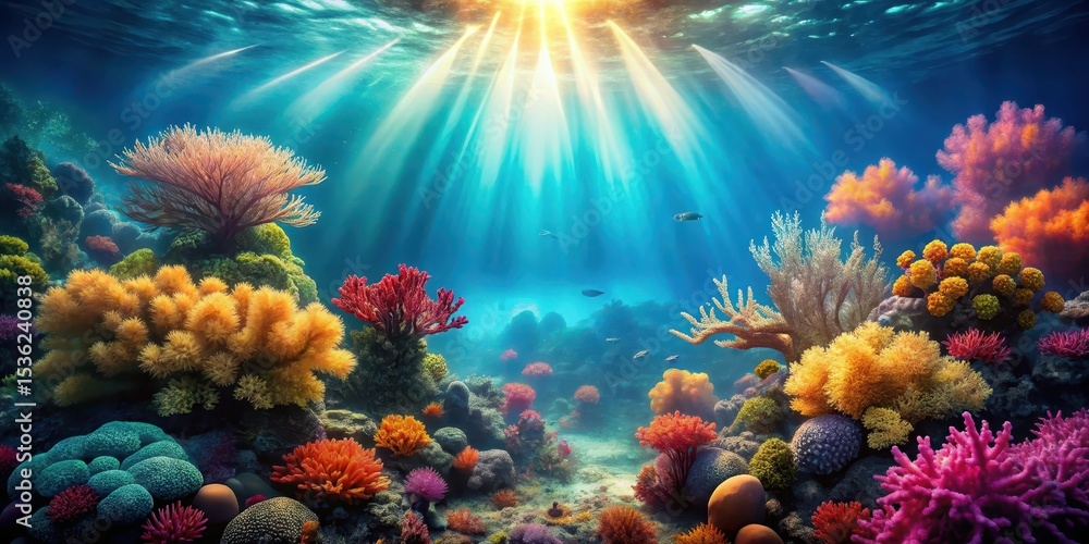 Naklejka premium Vibrant Underwater Scene Showcasing a Thriving Coral Reef Ecosystem with Sunbeams Penetrating the Water