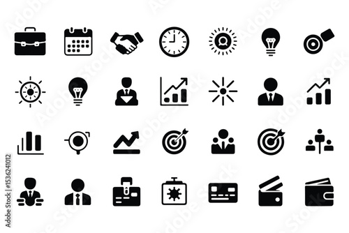 Business general glyph icon set. Vector pictograms of briefcase, handshake, calendar, clock, lightbulb, idea, target, graph, credit, card, wallet, black sign silhouette illustration
