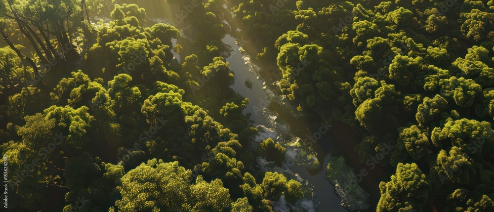 aerial view serene woodland scene with towering trees, dappled sunlight filtering through the canopy, and a winding river meandering through the forest floor. aerial view serene woodland scene with towering trees, dappled sunlight filtering through the canopy, and a winding river meandering through the forest floor.