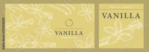 Vanilla-scented cream banner, label set. Packaging of Vanilla cosmetics for skin. Aromatherapy and spa. Design template with hand drawn graphics.
