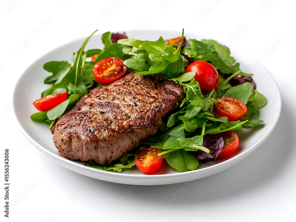 Delicious Plate of Steak with Salad Isolated on a white Background or transparent, png cut out 46318432 1 Delicious Plate of Steak with Salad Isolated on a white Background or transparent, png cut out 46318432 1