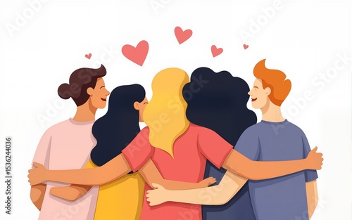 United community, people group hugging together. Support, peace, humanism concept. Supporting loving society. Supportive unity embracing together. Flat vector illustration isolated on white background