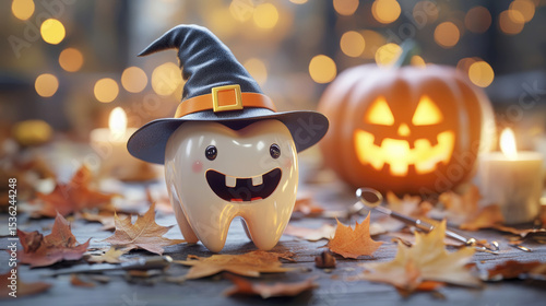 Smiling tooth wearing a witch hat stands among autumn leaves with a pumpkin behind