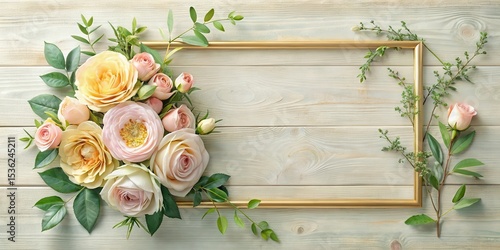 Elegant Pastel Roses and Greenery Frame Composition on Wooden Background