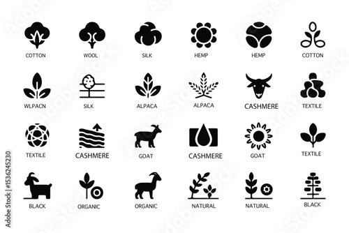 Material composition label glyph icon set. Vector pictograms of cotton, wool, silk, hemp, alpaca, cashmere, goat, textile, organic, natural, black sign silhouette illustration.