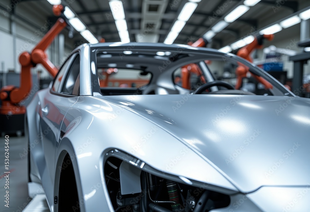 Modern Silver Sports Car Assembly Line in Factory Robotic Automation Modern Silver Sports Car Assembly Line in Factory Robotic Automation