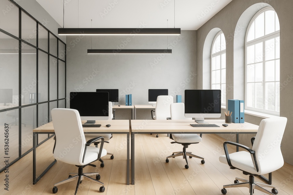 Modern open space office interior with minimalist design, natural light from arched windows, and contemporary furniture arrangement. Modern open space office interior with minimalist design, natural light from arched windows, and contemporary furniture arrangement.