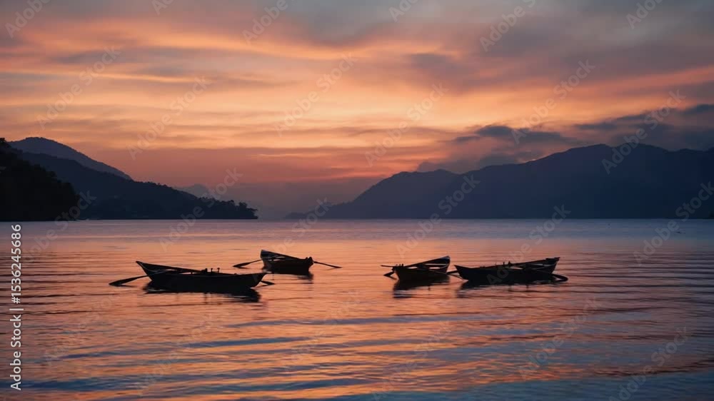 Boats silhouetted against a calm sunset over a lake with mountains, symbolizing tranquility, adventure, and serene travel. Perfect for travel, relaxation, or outdoor themes. Boats silhouetted against a calm sunset over a lake with mountains, symbolizing tranquility, adventure, and serene travel. Perfect for travel, relaxation, or outdoor themes.