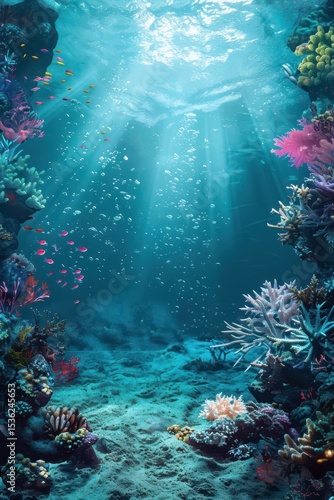 Fototapeta Naklejka Na Ścianę i Meble -  Underwater paradise in coral reef for world oceans day celebration. Watercolor illustration. Vertical banner. Copy space. World Wildlife Day. World Animal Day. Reef Day