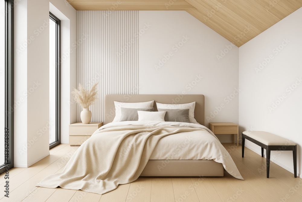 Fototapeta premium Minimalist cozy bedroom with soft lighting, modern furniture and natural wood accents in a bright contemporary interior design concept space.