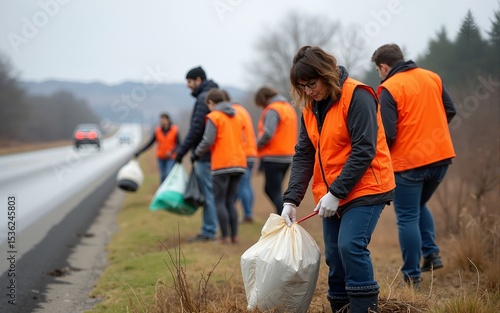 Dressed in bright orange vests volunteers picked up litter along a highway as part of a roadside cleanup project. They took pride in. High quality