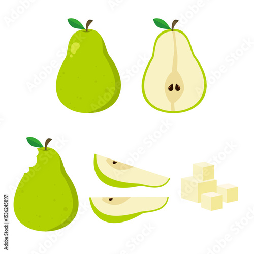 Green pear cartoon set. Fruit illustration. Can be used for wallpaper, kitchen element and sticker