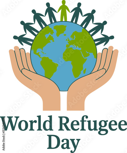 Green planet illustration held in hands with refugee day figures circling around the globe in unity  