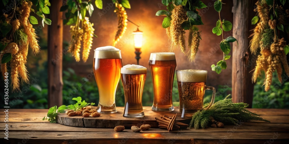 Fototapeta premium Golden Hour Brewery Showcase An Array of Refreshing Ales and Lagers, Paired with Aromatic Spices and Hops