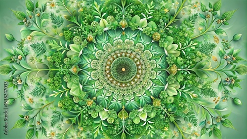 Symmetrical Green Botanical Mandala A Serene Composition of Lush Foliage and Intricate Floral Designs
