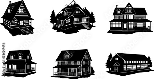 Vector log cabin house silhouette collection mountain home lodge country architecture design illustration 100 editable stock vector illustration